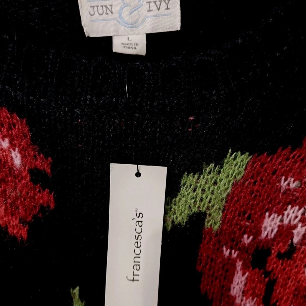 Francesca's Collections Black Floral Crewneck Sweater with Red Roses - Picture 3 of 4